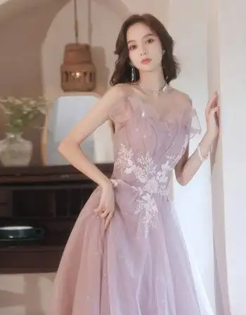 黄花地晚礼服女2021新款高端气质冬季宴会晚礼服裙女长款气质伴娘服