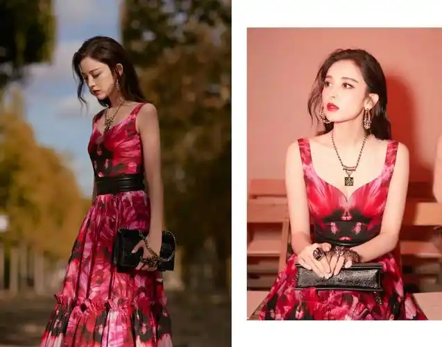 古力娜扎的红色印花吊带裙则尽显小女人的优雅妩媚气质,一笑一颦都