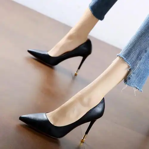 简约风米白色时尚尖头高跟鞋2019秋季新款细跟小皮鞋套脚单鞋女鞋