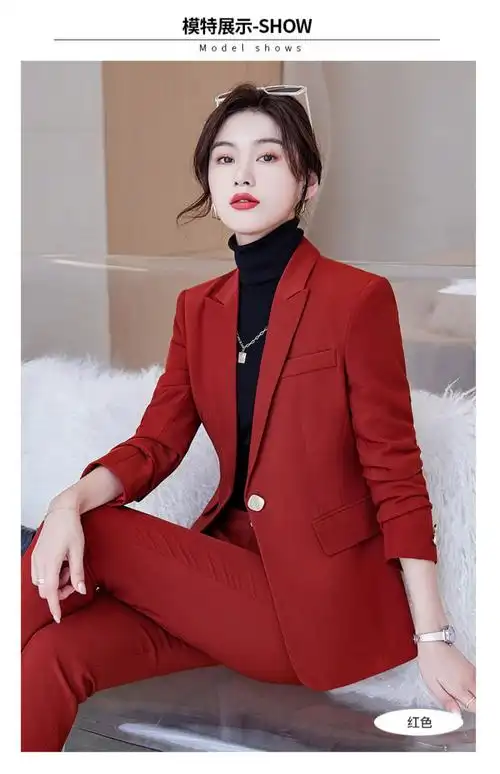 红色小西装外套女士2022春装新款职业套装女年会礼服两件套工作服