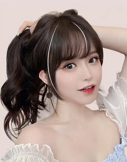 无痕假发片网红假头帘隐形超薄空气贴发片 浅棕色 卷发筒【法式刘海】