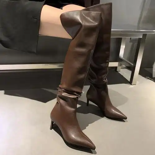 全牛皮长靴女2021年新款过膝靴尖头细高跟弹力瘦瘦靴长筒及膝靴