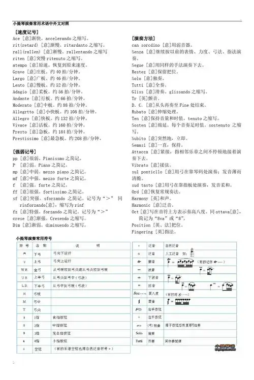 小提琴演奏常用符号及术语中外对照表