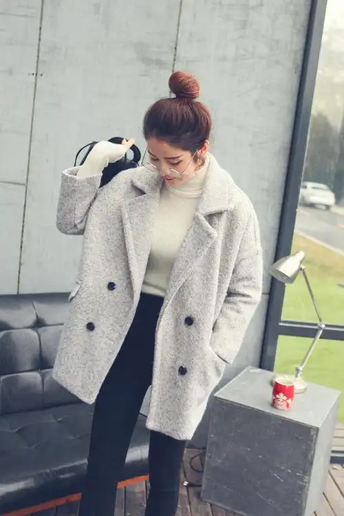 冬装女装韩版百搭气质双排扣中长款宽松加厚款呢大衣外套