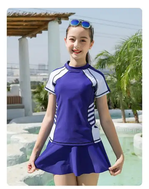 12岁女童泳衣中大童14新款韩国分体裙式保守温泉少女学生16游泳装蓝色