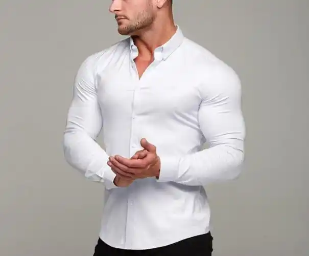 肌肉男健身长袖立领衬衫弹力薄款纯色运动休闲开衫商务免烫衬衣潮