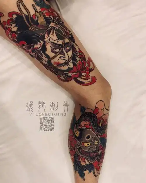 纹家秀纹身图片_腿部老传统日式般若生首纹身图案