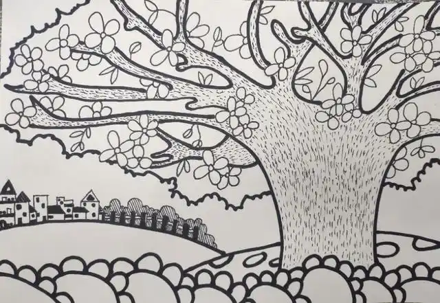 少儿创意线描第一课:大树下的家园主题,回顾点线面基础!