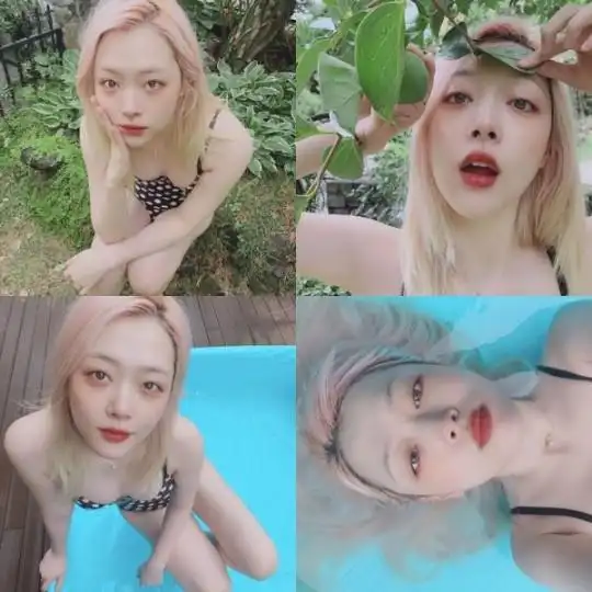 [星闻]雪莉展现性感泳装造型,"买了个小游泳池,想让心情好起来"