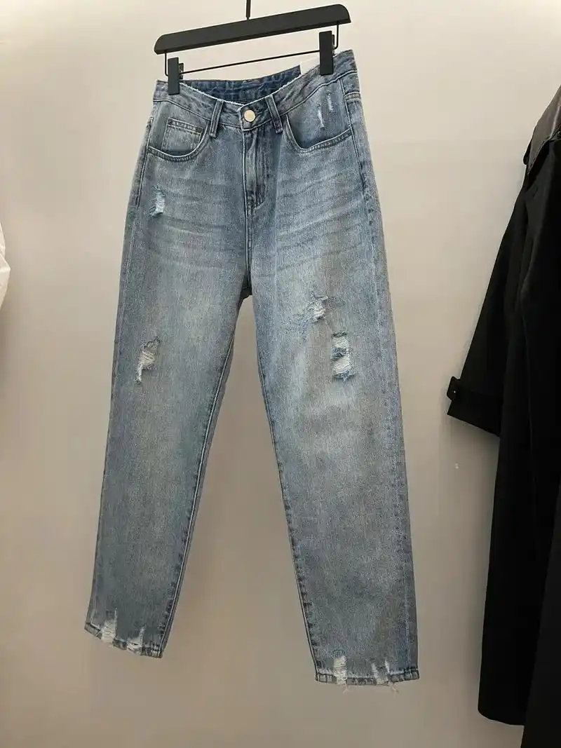 drf23年水洗牛仔直筒弹力破洞牛仔裤