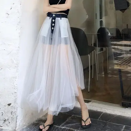 热销网纱牛仔裙裤_港味复古chic高腰半身网纱短裤拼接裙裤牛仔纱裙女