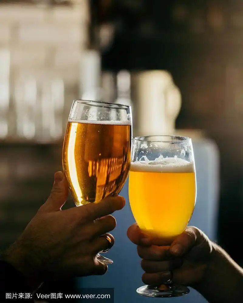 两个人在酒吧碰杯喝啤酒