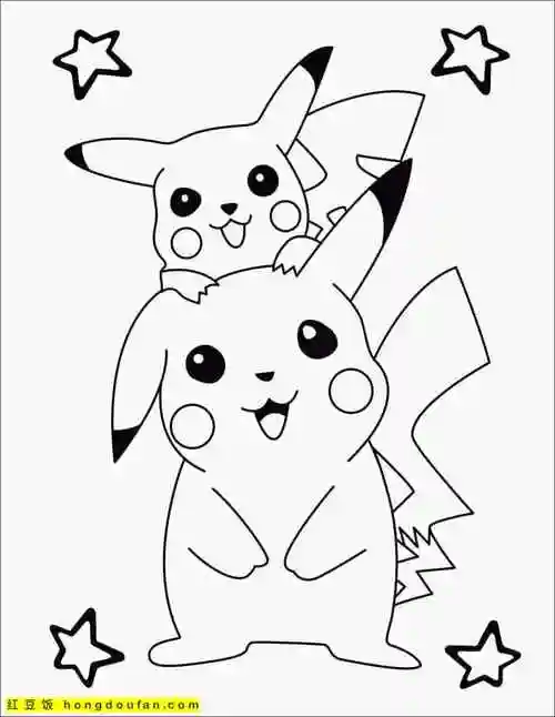 12张神奇宝贝口袋宝贝精灵球比卡丘卡通涂色简笔画-红豆饭小学生简笔