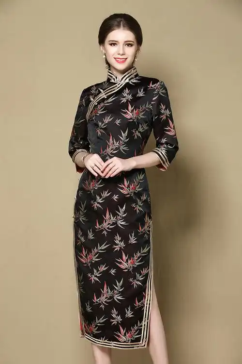 新款改良时尚气质复古七分袖修身礼服织锦缎中长款旗袍货号yk1391