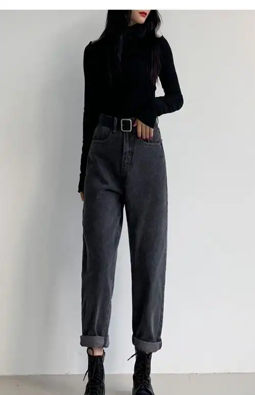 春夏款黑色宽松直筒牛仔裤女新款高腰显瘦老爹萝卜裤子韩版 黑灰色加