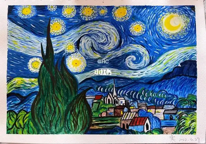 梵高星空水粉画手绘临摹