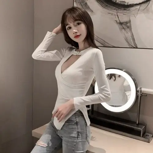 5332#实拍实价新款女主播夜店性感露胸显瘦性感v领长袖t恤上衣