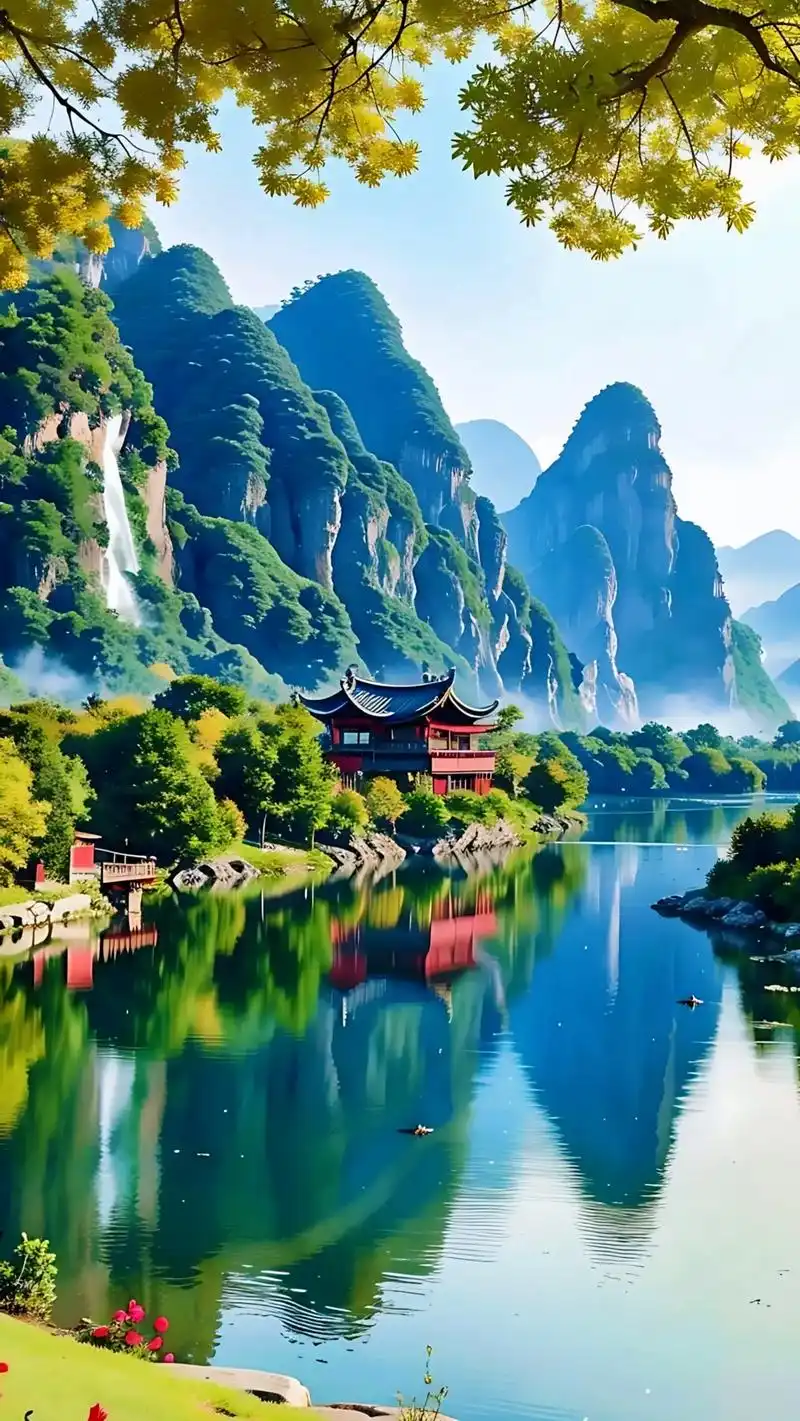 人间仙境世外桃源江南小镇,春天的桂林山水美景,青山绿水,红色的