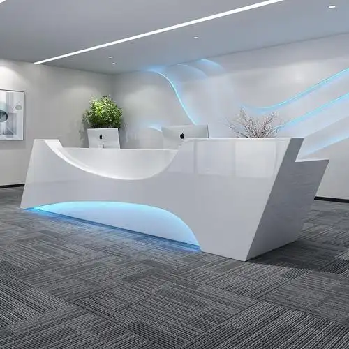 简约现代公司烤漆前台接待台办公桌弧形美容院收银台酒店吧台定制