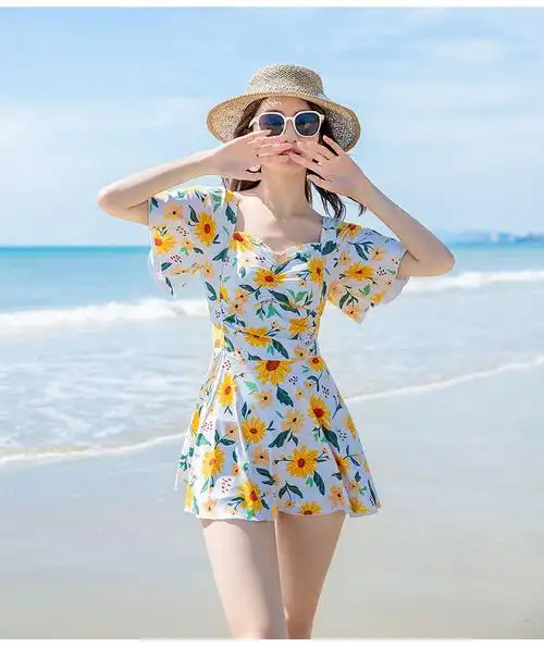 夏季泳衣游泳衣女温泉泡温泉保守连体式性感纯欲超仙小胸聚拢蓝色手机