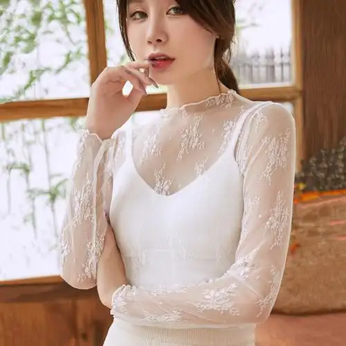 新款透明衫网纱蕾丝打底衫上衣透视网格网状女长袖渔网镂空内搭