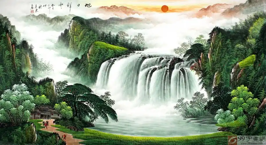 旭日祥云青绿山水画 - 聚宝盆山水画 - 99字画网