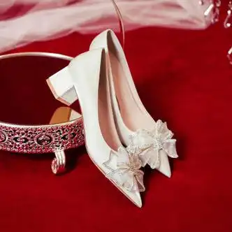 sunwisess结婚鞋女 新娘鞋敬酒鞋子粗跟婚鞋夏季主婚纱尖头伴娘鞋水钻