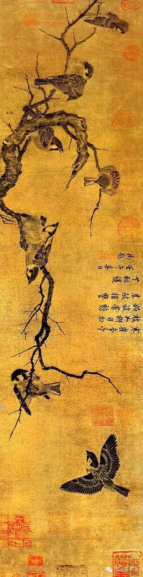 宋 崔白 寒雀图 作品描绘隆冬的黄昏,一群麻雀在古木上安栖入寐的景象