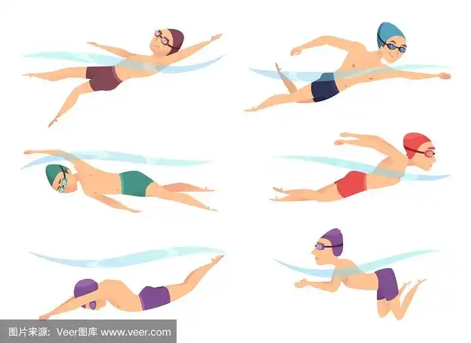 游泳者在各种姿势.卡通运动人物在投票行动姿态
