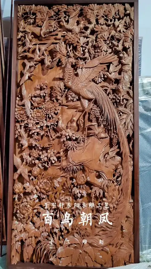 客户定制百鸟朝凤手工木雕背景墙,花鸟牡丹手工雕刻屏风