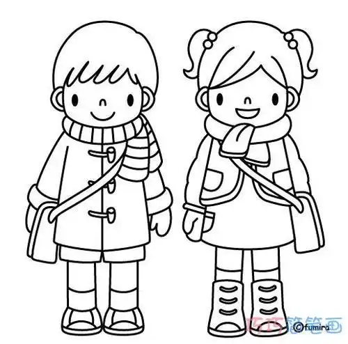 小女孩和小男孩背书包放学的简笔画