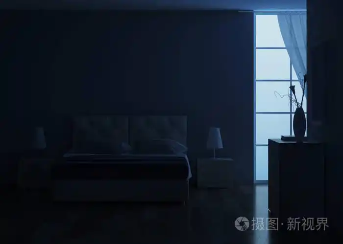 卧室室内设计. 夜间照明. 三维渲染.