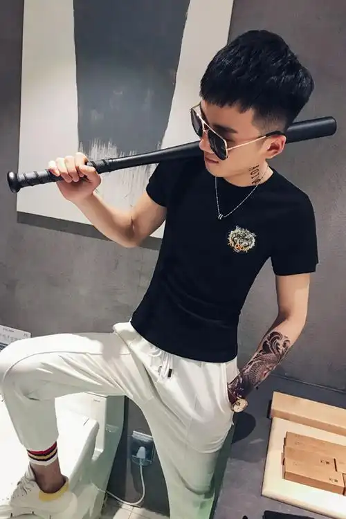 2019新款夏季衣服男士t恤社会精神小伙短袖男网红抖音快手同款圆领体