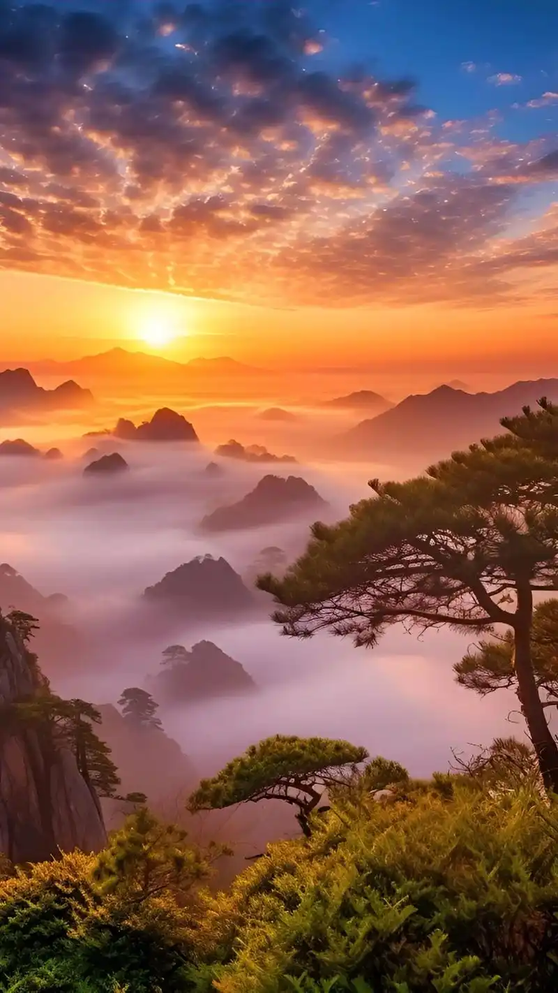 黄山日出,云雾缭绕,宛如仙境一般.当第一缕阳光从东方洒落,云 - 抖音