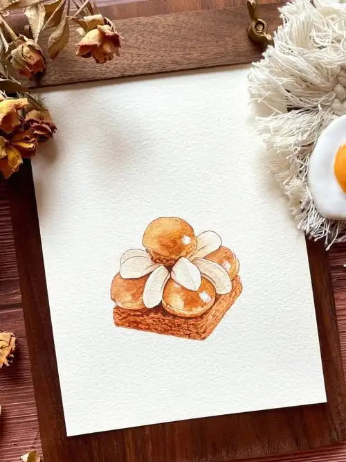 水彩手绘甜点圣多诺黑附线稿过程图