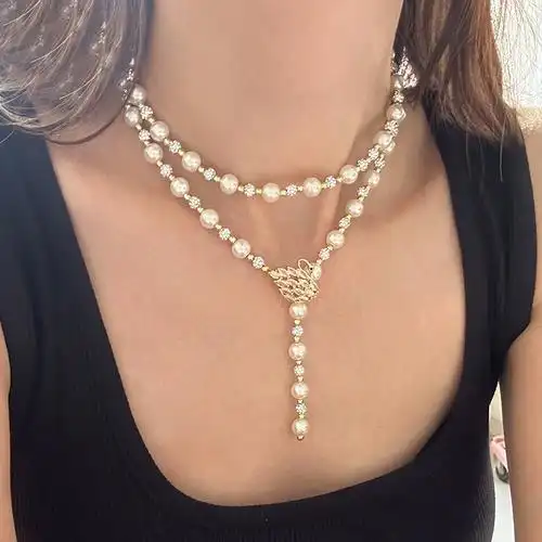 多叠戴珍珠项链长款秋冬天鹅毛衣链女高级感轻奢大气高档饰品一款