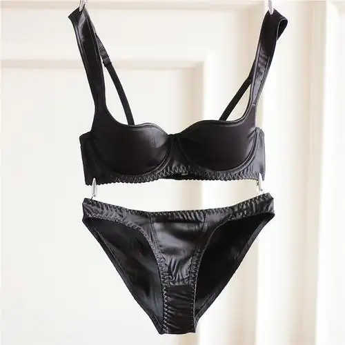 欧美女士文胸光面深v迷你杯薄款棉半杯 性感光面简约内衣套装春夏