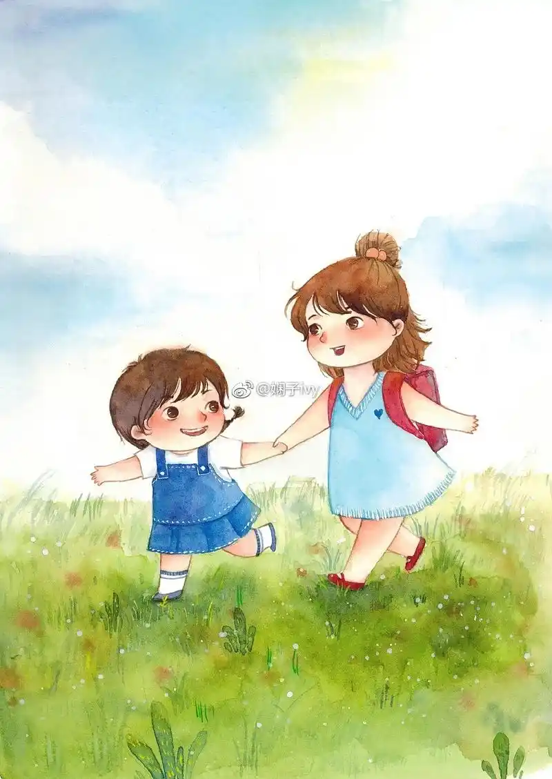 姐妹俩手牵手回家妹妹吃了海苔有力气星星走路走累了,姐姐拿出自己