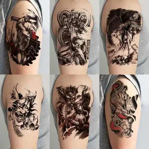 半臂纹身贴防水男图腾持久仿真逼真花臂小手臂狼头麒麟火焰龙刺青儿童