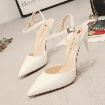 包脚凉鞋女 细跟高跟一字扣鞋夏季尖头带夏单鞋 白色 34