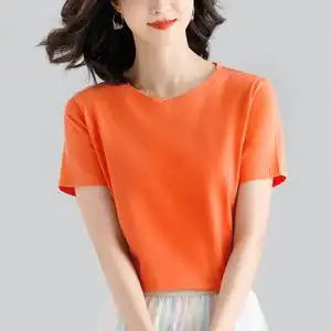 纯色打底夏季洋气宽松圆领内搭纯棉短袖t恤女百搭橙色半袖上衣服