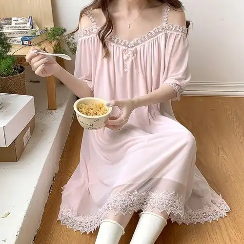 夏季纯色中长款优雅气质吊带一字肩网纱睡裙柔软亲肤女睡衣-阿里巴巴