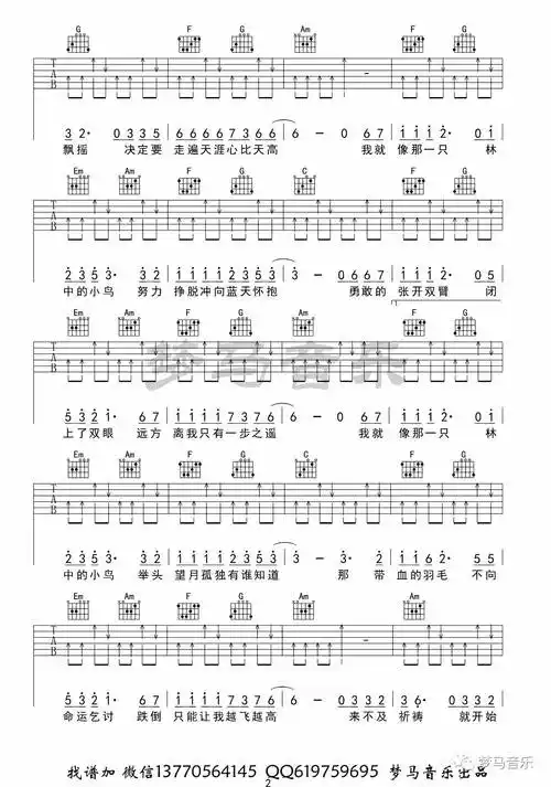 林中鸟吉他谱,原版葛林歌曲,简单c调弹唱教学,梦马音乐版六线指弹简谱