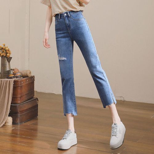 tnwkjlc夏季穿的薄款女式夏天九分牛仔裤破洞牛仔裤女高腰直筒夏季薄