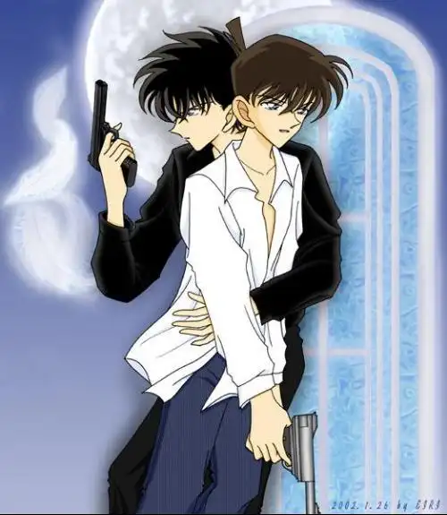 【找图】求柯南和基德的一张,柯用麻醉手表抵着基德,基用扑克枪抵着