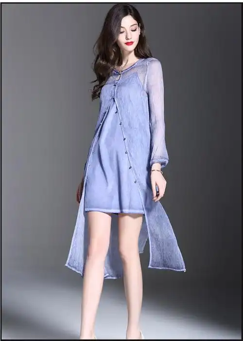 远强店2016女装夏款欧洲站女装真丝开衫两件套中长款连衣裙时装b046