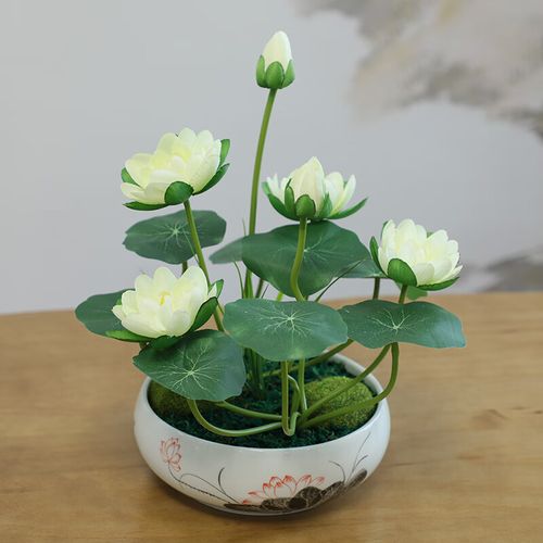 睡莲荷花花盆禅意花盆中国风佛前供花空调上的装饰花 水墨盆 白色莲花