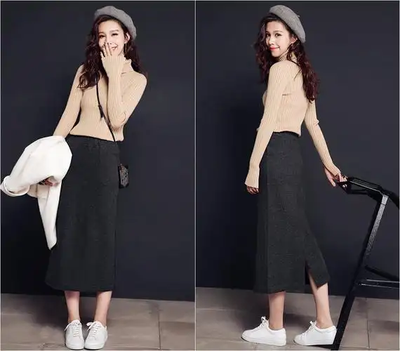 一步长裙 小白鞋