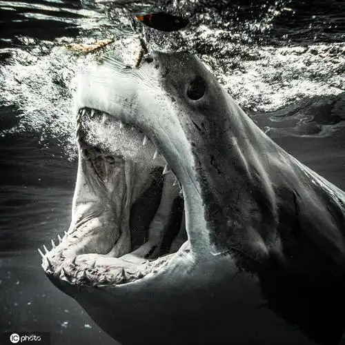 近距离抓拍大白鲨牙齿锋利渗人