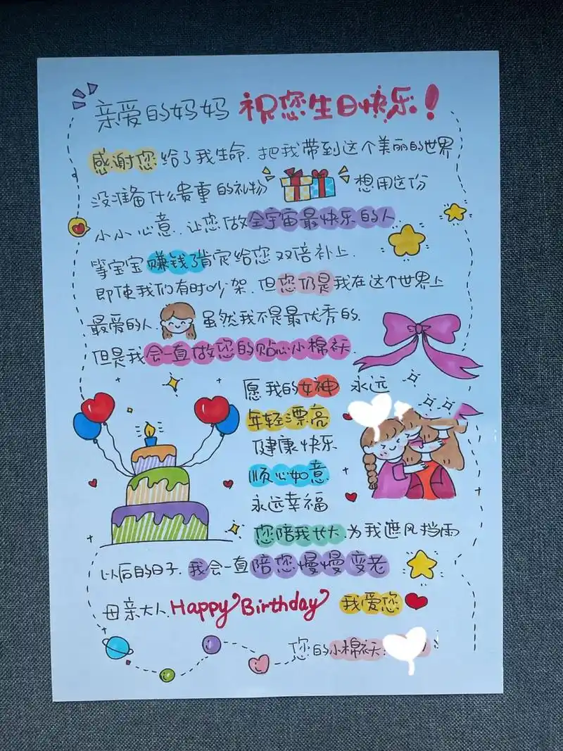 送给妈妈父母纯手绘生日快乐贺卡定制母亲
